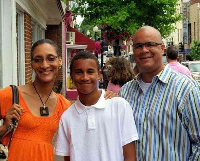 Carla Hall with her husband and son.